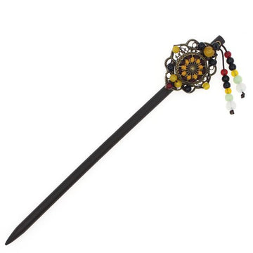 Wood Stick with Floral Metal Piece and Beaded Tassels Yellow